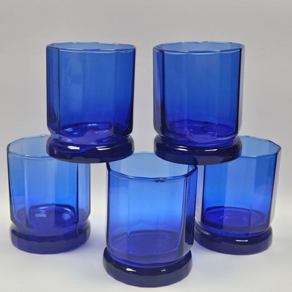 Vintage Anchor Hocking Cobalt Blue Panel Dbl Old Fashioned Glasses 9 oz Tall MCM - Picture 1 of 8